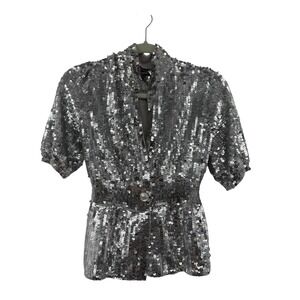 Boston Proper Silver Sequin Cardigan Y2K Short Sleeve Button Front Top XS
